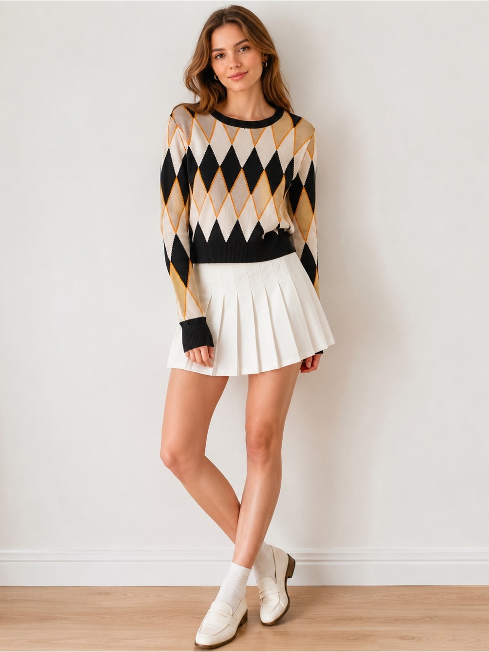 ZARA Knit Geometric Argyle Cropped Sweater Black Ivory Orange Size S
